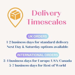 May include: An image with the text "Delivery Timescales". It includes information about delivery times for UK and international orders. The UK orders are delivered in 1-2 business days, and international orders take 3-7 business days.