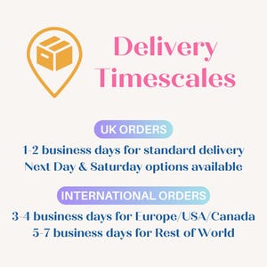 May include: An image with the text "Delivery Timescales". It includes information about delivery times for UK and international orders. The image has a light background with a logo of a box inside a location pin.