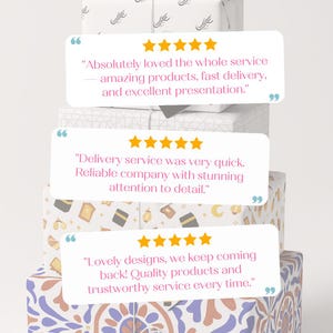 May include: A stack of wrapped gift boxes with various patterns and colors. The boxes are topped with white speech bubbles containing customer reviews and gold star ratings. The reviews highlight positive experiences.