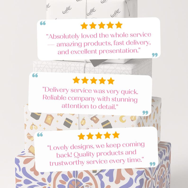 May include: A stack of wrapped gift boxes with various patterns and colors. The boxes are topped with white speech bubbles containing customer reviews and gold star ratings. The reviews highlight positive experiences.