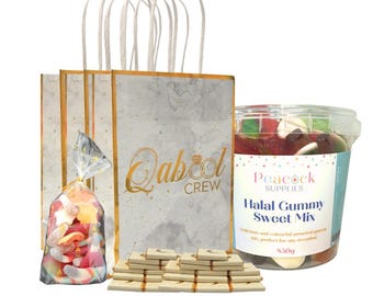 Qabool Crew Treat Bag Bundle (10pk) - Grey & Gold - Halal Sweets and Milk Chocolate Gifts for Party Favours Party Treat Bags Party Bags