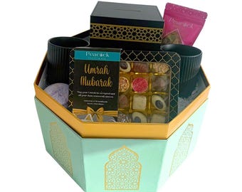 Umrah Large Hamper Gift Box - Personalised Gift Chocolate Set Umrah Mubarak Pamper Self Care Box Hamper Gift Set Muslim Halal Hamper Basket