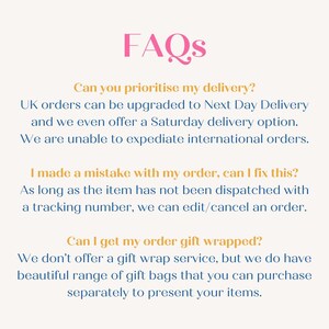 May include: Image with the word "FAQs" in pink script. Text below answers questions about delivery options, order corrections, and gift wrapping services. The background is a light cream color.