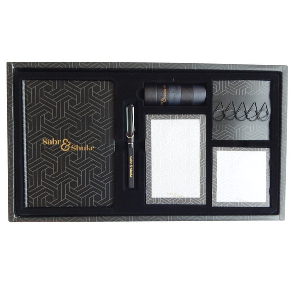 Sabr and Shukr Stationery Gift Set (Geometric) - Black & Gold Foil | Muslim Gift | Eid Gift | Ramadan Gift | Islamic Gift | Notebook Set
