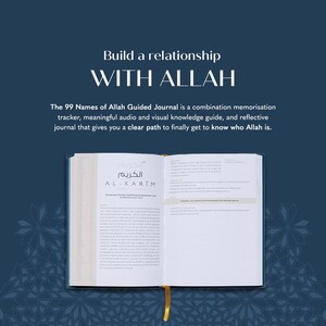 May include: An open book with the text "Build a relationship WITH ALLAH" and "The 99 Names of Allah Guided Journal". The book has a gold ribbon bookmark and is set against a dark blue background with a geometric pattern.