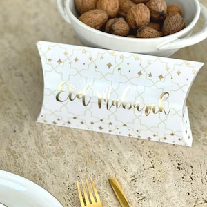 Eid Mubarak Pillow Box 10pk - Cream & Gold Eid Favour Box Eid Treat Box Eidi Gift Islamic Decor Eid Mubarak Gift Happy Eid Party Decorations