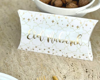 Caja de almohada Eid Mubarak (paquete de 10), color crema y dorado, caja de regalo Eid, caja de regalo Eid, regalo Eid, decoración islámica, regalo Eid Mubarak, decoraciones para fiesta Eid