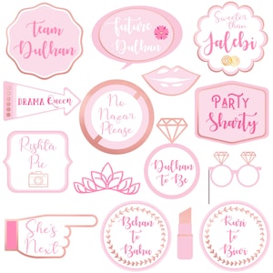 Team Dulhan Photo Props 15 pack - Printed & Cut with Sticks Team Bride Gift Bridesmaid Bridal Shower Hen Party Photo Props Desi Wedding Gift