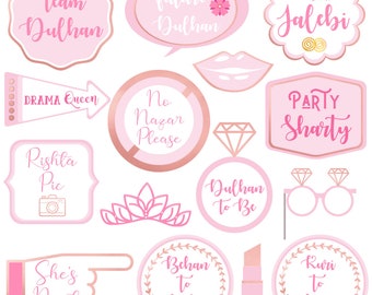 Team Dulhan Photo Props 15 pack - Printed & Cut with Sticks Team Bride Gift Bridesmaid Bridal Shower Hen Party Photo Props Desi Wedding Gift