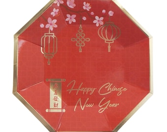 Chinese New Year Party Plates 10pk - Red & Gold Lunar New Year Chinese Decor New Year Party Chinese Decoration Zodiac Chinese Lunar Year