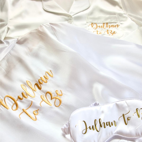 Dulhan To Be Nightwear Bundle - White & Gold | Dulhan Pyjamas | Dulhan Set | Robe | Eye Mask | Slippers | Bride Gift | Wedding Gift