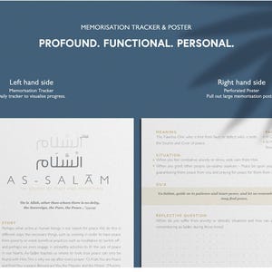 May include: A memorization tracker and poster with the text "PROFOUND. FUNCTIONAL. PERSONAL." The left side features a daily tracker, and the right side is a perforated poster. The poster includes Arabic script and English text.