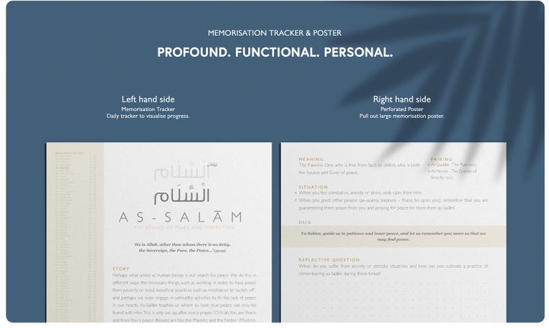 May include: A memorization tracker and poster with the text "PROFOUND. FUNCTIONAL. PERSONAL." The left side features a daily tracker, and the right side is a perforated poster. The poster includes Arabic script and English text.