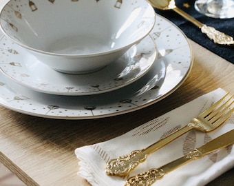 Lantern Gold Plated 18pc Dinner Set - Ceramic Porcelain China Dinner Set for 6 Dinnerware Christmas Table Eid Tableware Ramadan Decor