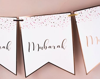 Mubarak Confetti Party Banner - White & Rose Gold Congratulations Bridal Shower Party Decor Set Engagement Desi Wedding Nikah Party Nikkah