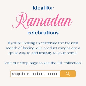 May include: A graphic with the text "Ideal for Ramadan celebrations" in pink and blue. The text encourages viewers to visit the shop page to see the full collection of products for the month of fasting.