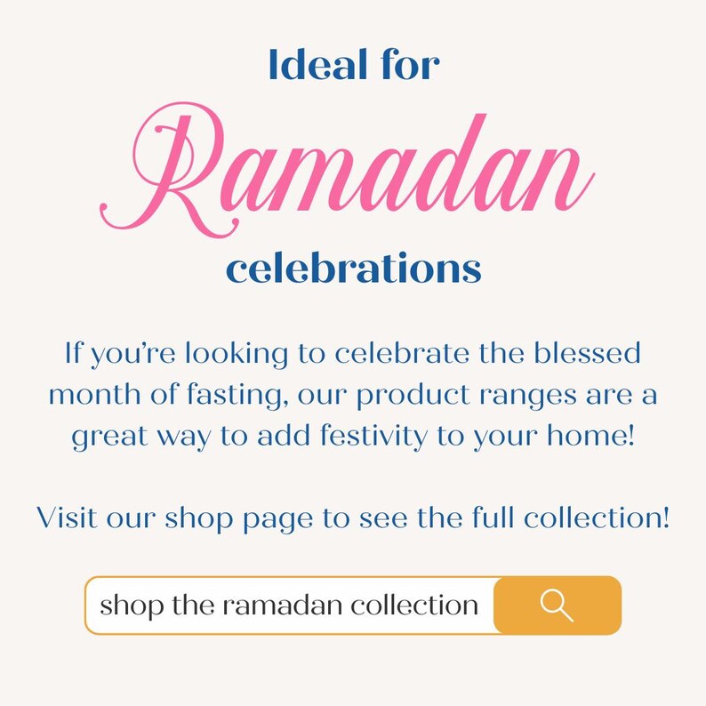 May include: A graphic with the text "Ideal for Ramadan celebrations" in pink and blue. The text encourages viewers to visit the shop page to see the full collection of products for the month of fasting.