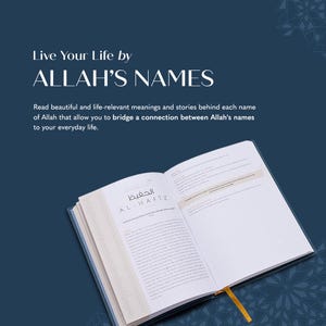 May include: An open book with the title "ALLAH'S NAMES" on a dark blue background. The book's pages are white with text and Arabic script. A yellow ribbon bookmark is visible. The text reads "Live Your Life by ALLAH'S NAMES."