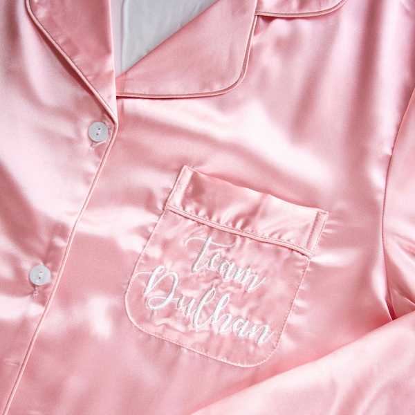 Team Dulhan Pyjamas - Pink & White | Team Dulhan Pyjamas | Bridesmaid Gift | Wedding Gift | Silk Pyjamas | Embroidered Pyjamas