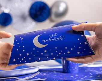 Eid Mubarak Pillow Box 10pk - Blue & Silver Eid Favour Box Eid Treat Box Eidi Gift Islamic Decor Eid Mubarak Gift Happy Eid Party Decoration