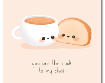 Chai & Rusk Food Paar Grußkarte - Kawaii Stil Lustige Desi Karten Südasiatische Karte Tee Punjabi Urdu Hindi Indisch Arabisch Halal Humor