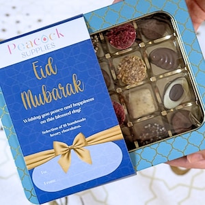 Eid Luxury Chocolate Selection Gift Tin 16pk - Personalised Gift Chocolate Gift Set Handmade Chocolates Box Vegetarian Eid Mubarak Gift Idea