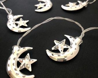 Crescent Moon And Star Fairy Lights - 1.6m Silver Fairy Lights Moon Light Star Lights Display Ramadan Decor Eid Party Decor Eid Mubarak Gift