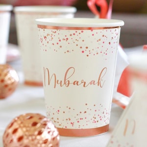 Mubarak Confetti Party Cups 10pk - White & Rose Gold Mubarak Decor Congratulations Bridal Shower Party Decor Engagement Desi Wedding Nikah