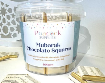 Boîte de 100 carrés de chocolat Mubarak – Crème et or | Lot de chocolats | Baignoire Partagée | Chocolat en vrac | Shaadi | Halal | Nika | Walima