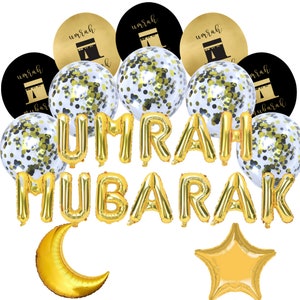 Paquete de globos Umrah Mubarak - Conjunto de globos dorados Decoraciones Globos Umrah Decoración Kaaba Regalo Umrah y decoración Hajj Umrah Duas para tarjetas Umrah