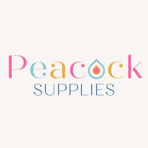 May include: The logo for Peacock Supplies features the brand name in a colorful, stylized font. The word "Peacock" is in pink, light blue, and gold, with a droplet icon. The word "SUPPLIES" is in a dark blue, sans-serif font.