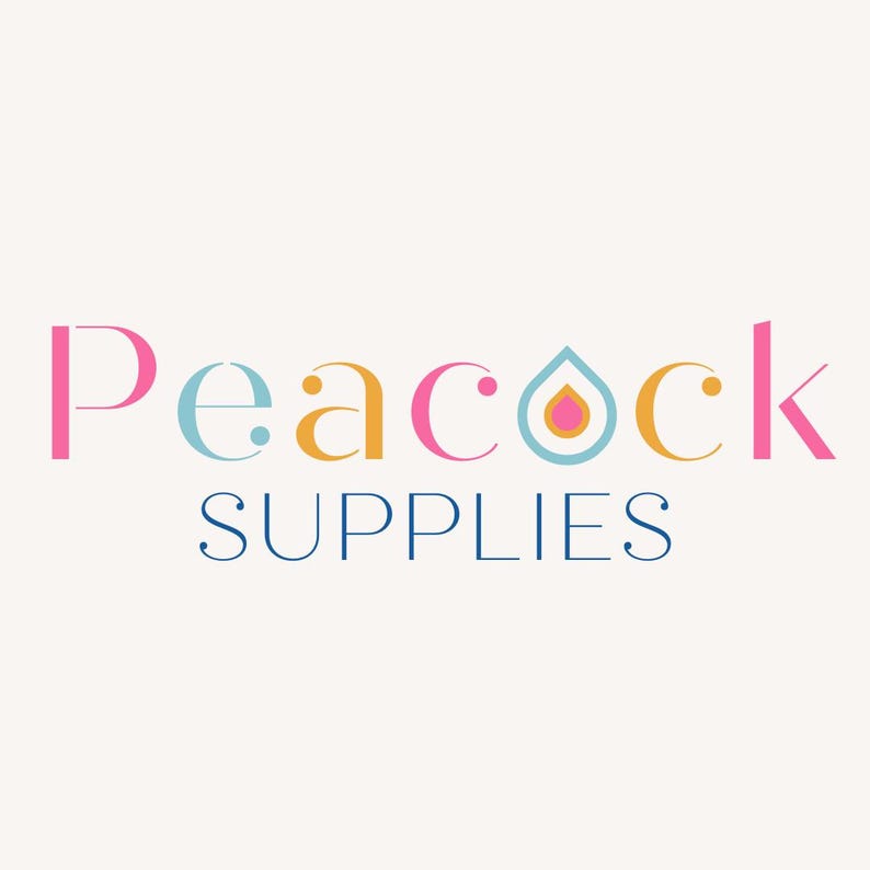 May include: The logo for Peacock Supplies features the brand name in a colorful, stylized font. The word "Peacock" is in pink, light blue, and gold, with a droplet icon. The word "SUPPLIES" is in a dark blue, sans-serif font.