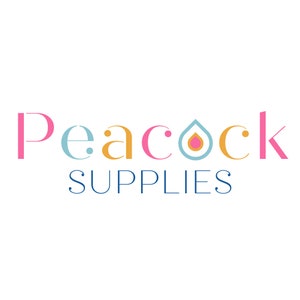 May include: Peacock Supplies logo with a stylized peacock feather design in blue, pink, and gold colors. The word "Peacock" is in a stylized font with a teardrop shape in the center. The word "Supplies" is in a smaller font below the word "Peacock".