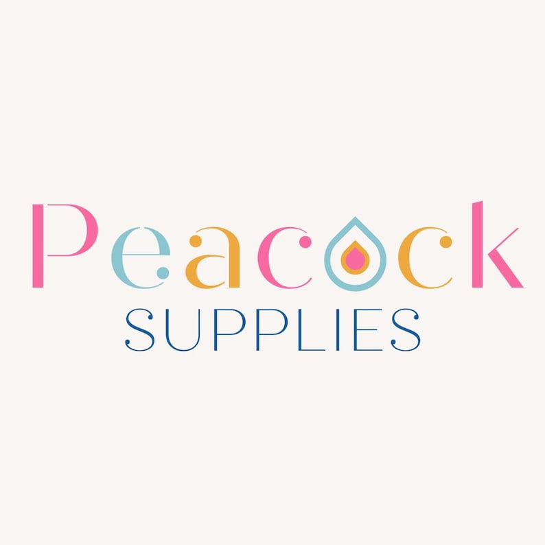 May include: A logo for Peacock Supplies, with the brand name in a colourful, stylised font. The word "Peacock" is in pink, light blue, and gold, with a droplet icon. The word "SUPPLIES" is in a dark blue, sans-serif font.