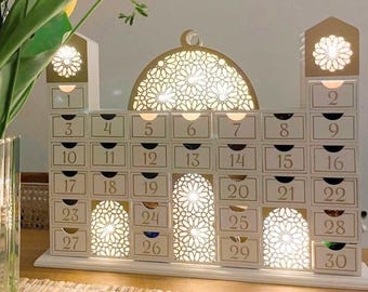 Calendario de cuenta regresiva iluminado de madera para Ramadán - Calendario de adviento de Ramadán con luces, decoración islámica, regalo Iftar, planificador de Ramadán, seguimiento de Eid