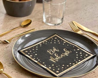 Eid Mubarak-servetten 20 per pak - Zwart en goud servies Eid-feestdecor Islamitisch decor Iftar-borden Eid-servetten Eid-kopjes cadeau Eid Mubarak-decorset