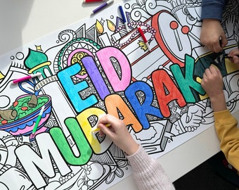 Eid Mubarak Giant Colouring Poster Banner - 1.4m Large Eid Mubarak Poster Banner Eid Decor Islamic Eid Activity Crafts Decor Eid Gift Kids