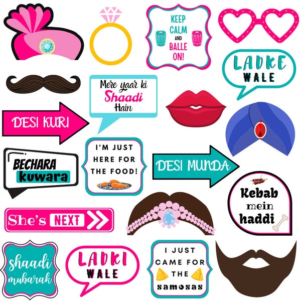 Desi Wedding Photo Props - 20 Pack | Printed & Cut | Includes Sticks | Props For Wedding | Props For Photography | Desi Humour | Shaadi