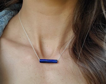 Lapis Lazuli Bar Necklace, solid sterling silver, adjustable chain necklace