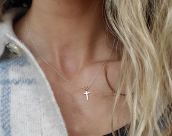 Mini Cross necklace, Sterling silver or 14 K gold, adjustable chain necklace, handmade pendant