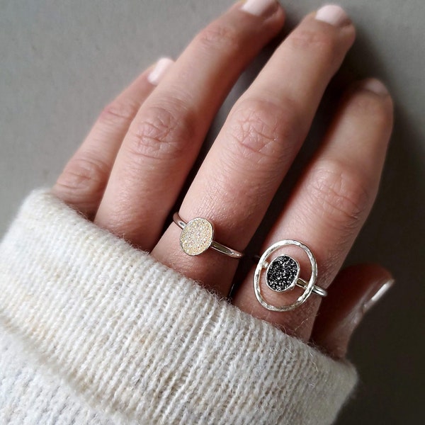 Druzy stone ring with or without halo, white or black druzy stone, handmade ring