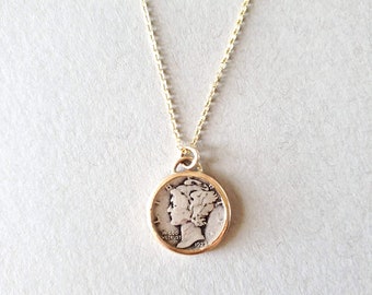 Mercury Coin Pendant Necklace, 14k gold, handmade necklace