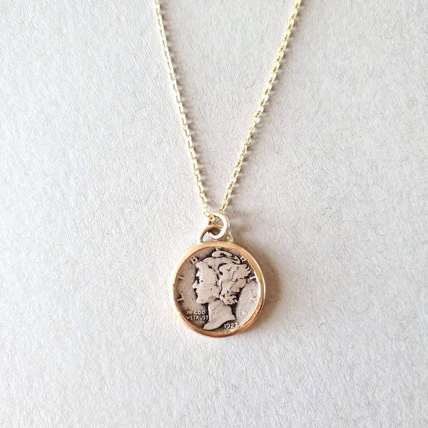 Mercury Coin Pendant Necklace, 14k gold, handmade necklace