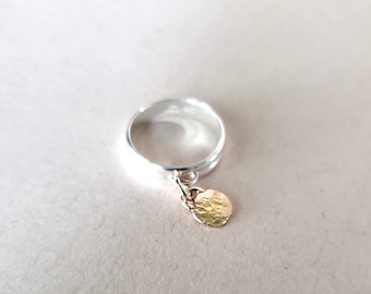 Hammered Charm ring with 14k charm, Mixed metal ring, handmade ring, dangle ring