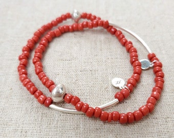 Red coral beaded bracelet, single bracelet, handmade sterling silver accent bead, stretch bracelet