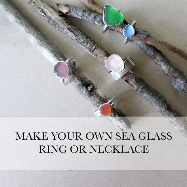 Make your own sea glass ring or necklace! Pick a one of a piece of sea glass and your own band or chain! Custom, handmade jewelry