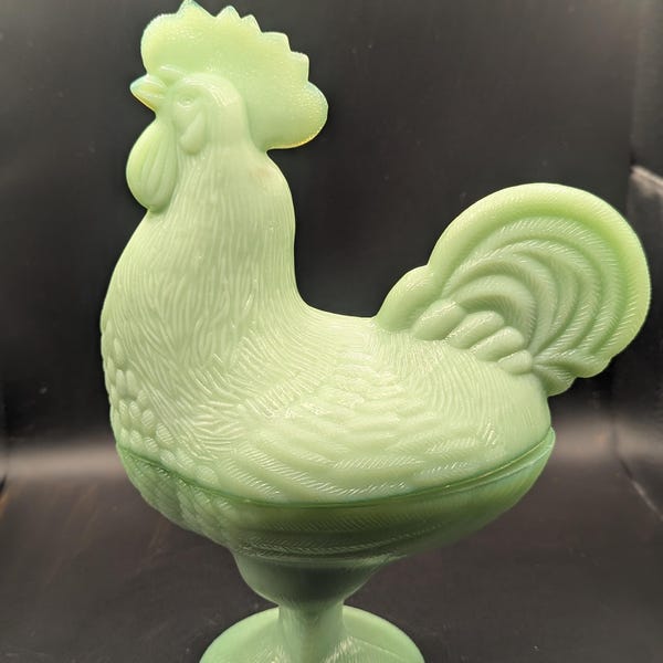 Jadite Glass Rooster Candy Dish.  Cottage core country decorating kitchen chicken