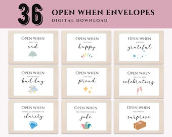 Op de afbeelding: Een digitale download met 36 "Open When"-enveloppen. Elke omlijste envelop bevat een prompt zoals "Open When You Feel Celebrating" met illustraties zoals champagneglazen. De bovenste tekst luidt "Open When Envelopes" en "Digital Download".