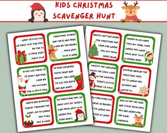 May include: A set of 12 Christmas scavenger hunt cards with red and green borders. Each card features a different Christmas-themed illustration and a rhyming clue. The cards are perfect for a fun family activity.