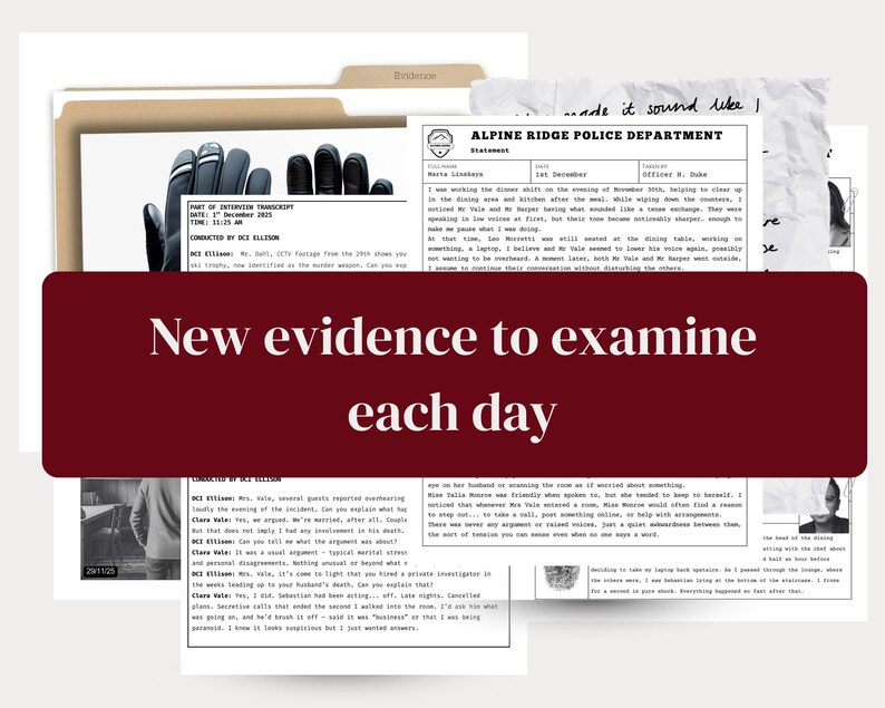 May include: A collection of documents, including police statements and interview transcripts, with the text "New evidence to examine each day" on a burgundy banner. The documents are arranged on a light background.